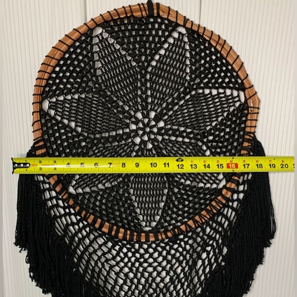 Black Macrame / Crocheted Dream Catcher With Wooden Grapevine Hoop - Hand Made - Picture 8 of 11